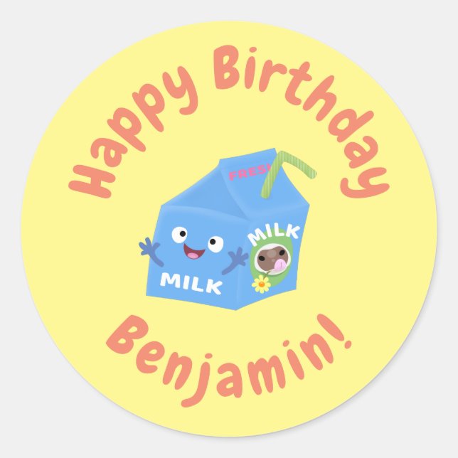 Adesivo Redondo Cartoon de cartonagem de leite feliz e bonito (Frente)