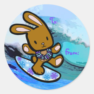 Adesivo Redondo Cartoon de Férias Bunny Surfing no Havaí