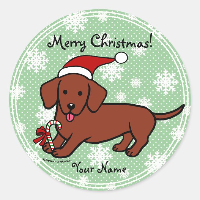 Adesivo Redondo Cartoon de Natal Dachshund Snowflakes (Frente)