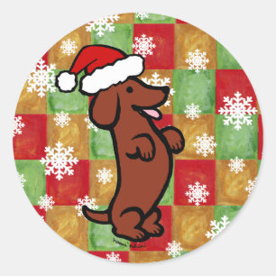 Adesivo Redondo Cartoon de Natal Dachshund Snowflakes
