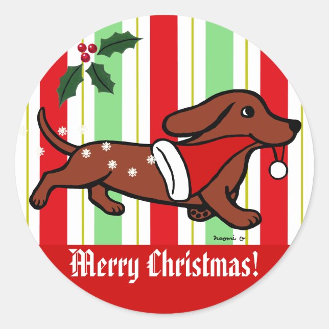 Adesivo Redondo Cartoon de Natal Dachshund Snowflakes (Frente)