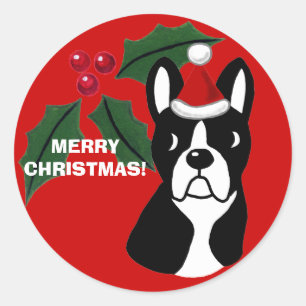 Adesivo Redondo Cartoon de Natal de Boston Terrier
