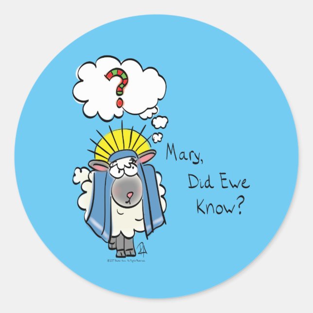 Adesivo Redondo Cartoon de Ovelha Engraçado de Natal Cristão (Frente)