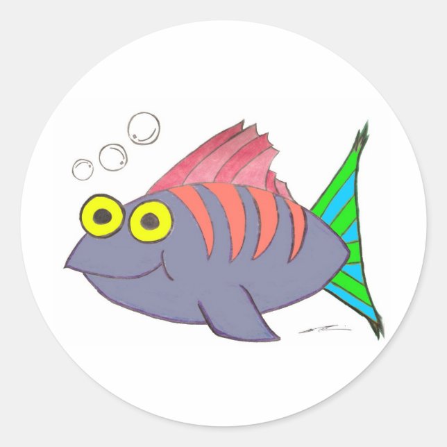 Adesivo Redondo Cartoon de Peixe Colorido Único com Bolhas (Frente)