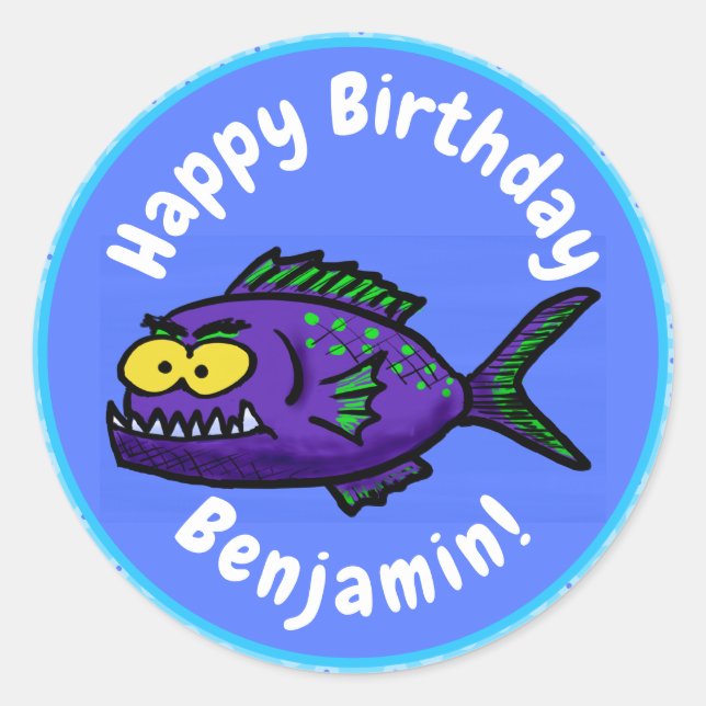 Adesivo Redondo Cartoon de peixe Piranha (Frente)