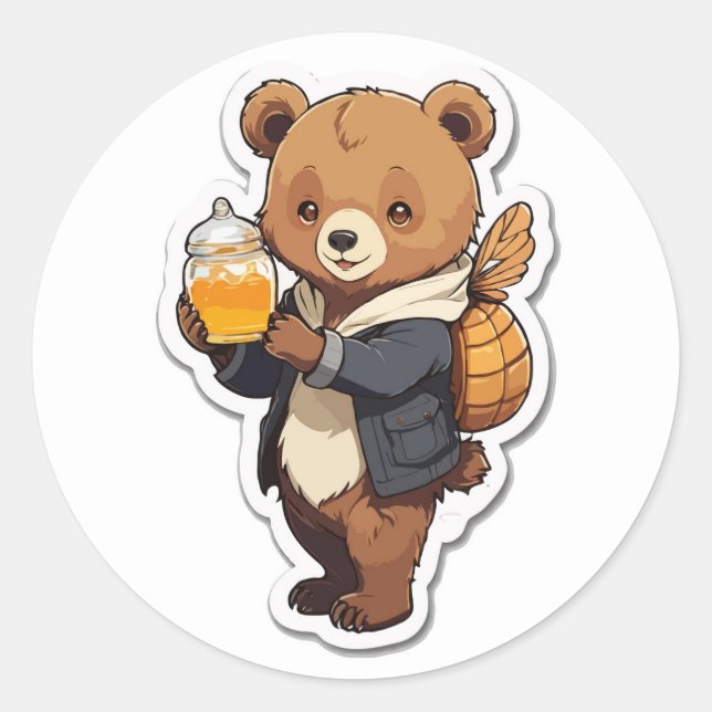 Adesivo Redondo Cartoon de Urso Bonito com Ilustração de Mel (Frente)