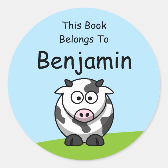 Adesivo Redondo Cartoon De Vaca Bonita Este Livro Pertence A (Frente)
