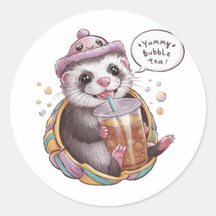 Adesivo Redondo Cartoon Doméstico Ferret Adorável: Cozy, Kawaii Vi