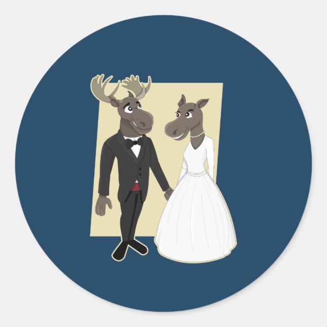 Adesivo Redondo Cartoon Engraçado de Casamento Moose (Frente)