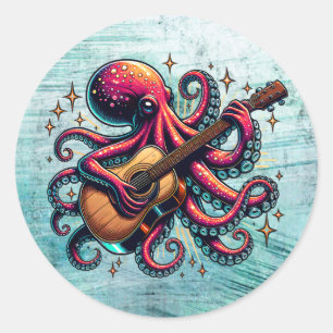Adesivo Redondo Cartoon Engraçado Octopus Tocando Violão