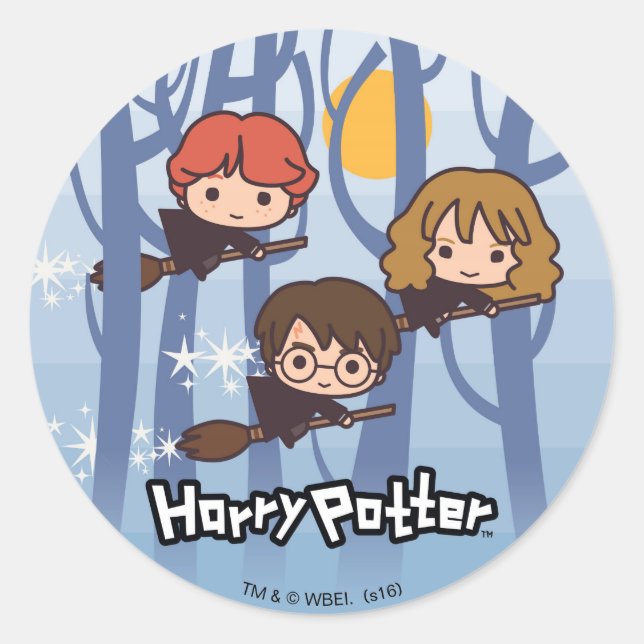 Adesivo Redondo Cartoon Harry, Ron E Hermione Voando Em Woods (Frente)