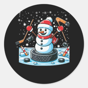Adesivo Redondo Cartoon Ice Hockey Puck Snowman Com Santa Hat Chr