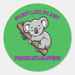 Adesivo Redondo Cartoon Koala, Procrastinante Engraçado
