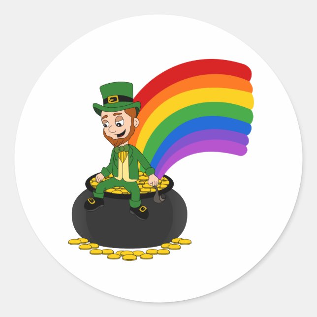 Adesivo Redondo Cartoon leprechaun sentado sobre um pote de ouro (Frente)