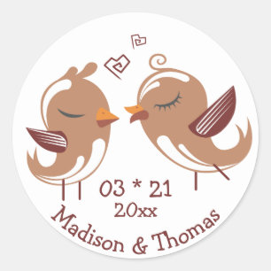 Adesivo Redondo Cartoon Lovebirds Pássaros Casamento Marrom Person