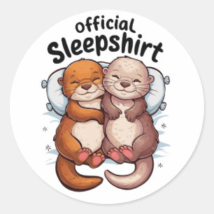 Adesivo Redondo cartoon otters cudding em um travesseiro branco su