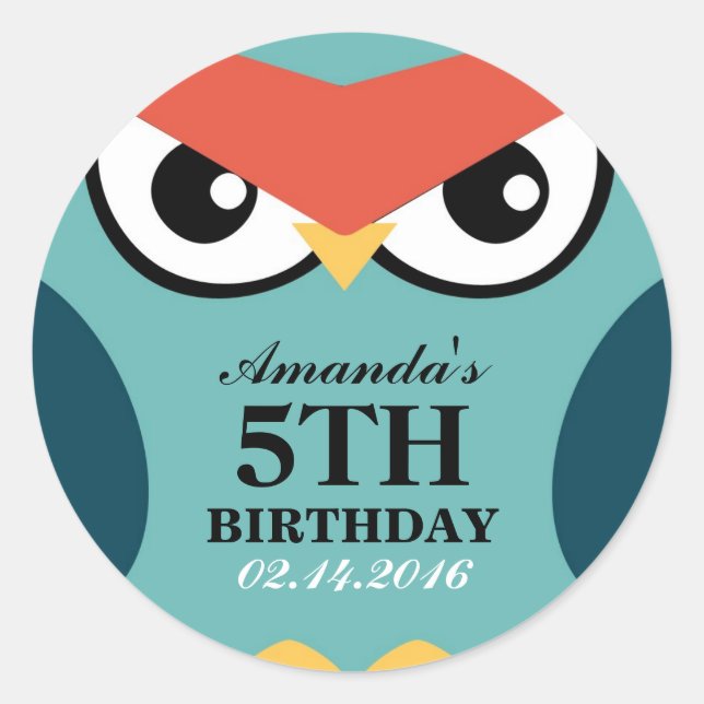 Adesivo Redondo Cartoon Owl Aniversário Invitation Seal Sticker (Frente)