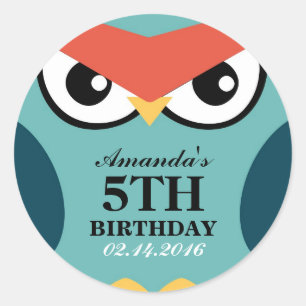 Adesivo Redondo Cartoon Owl Aniversário Invitation Seal Sticker