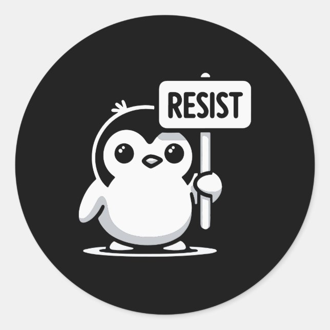 Adesivo Redondo Cartoon Penguin Holding Sinal RESIST - B & W (Frente)