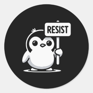 Adesivo Redondo Cartoon Penguin Holding Sinal RESIST - B & W