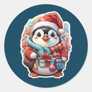 Adesivo Redondo Cartoon Pinguim de Natal Bonito