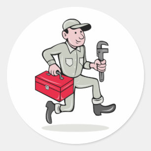 Adesivo Redondo Cartoon Plumber com chave inglesa correndo