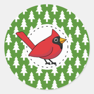 Adesivo Redondo Cartoon Red Cardinal sobre Pinheiros Brancos Verde
