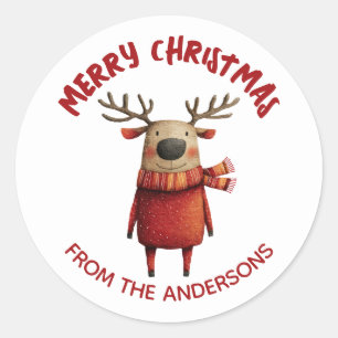 Adesivo Redondo Cartoon Reindeer Feliz Natal de