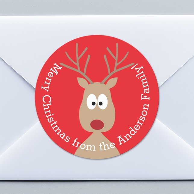 Adesivo Redondo Cartoon Reindeer - Feliz Saudação de Natal (Custom Sticker for Party Favors or Envelopes)