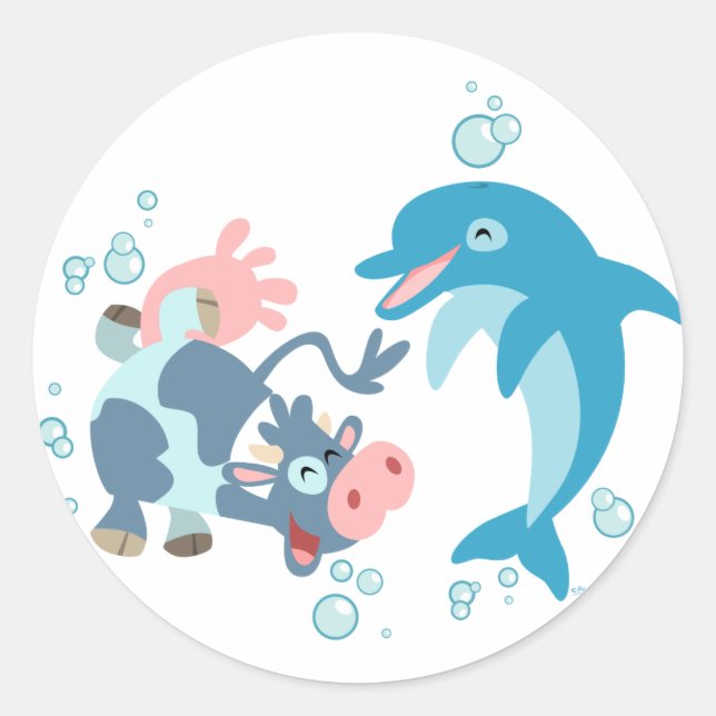 Adesivo Redondo Cartoon Seacow e Dolphin Sticker (Frente)