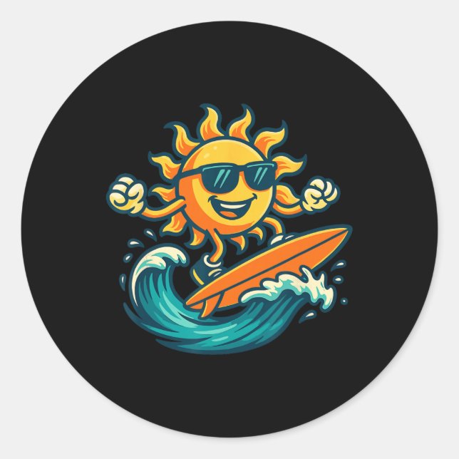 Adesivo Redondo Cartoon Sun Surfing Summer Beach Wave Art  (Frente)