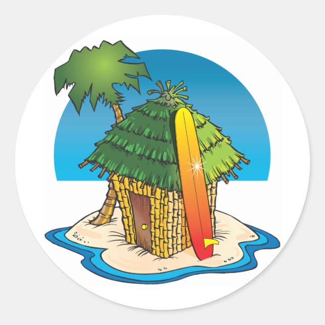 Adesivo Redondo Cartoon Tiki Hut com Surfboard e Palm (Frente)