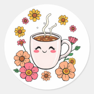 Adesivo Redondo Cartum de café Kawaii Adorável