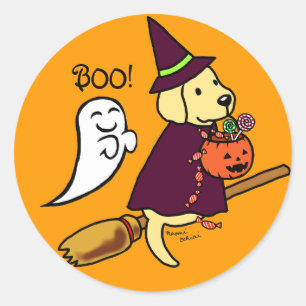 Adesivo Redondo Cartum de Labrador Amarelo de Halloween 1