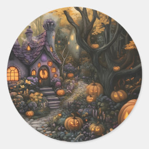 Adesivo Redondo Casa Adorável e Pumpkin do Halloween