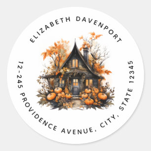 Adesivo Redondo Casa assombrada com o endereço de Pumpkins Hallowe