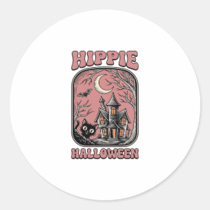 Adesivo Redondo Casa Assombrada de Gato de Halloween Hippie Design