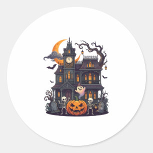 Adesivo Redondo Casa Assombrada de Halloween Esqueletos Abóbora Fa