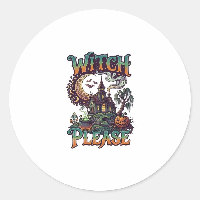 Adesivo Redondo Casa Assombrada Witch Please Cauldron Lua Crescent (Frente)