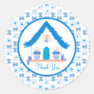 Adesivo Redondo Casa Azul Personalizada Obrigado Chá de fraldas