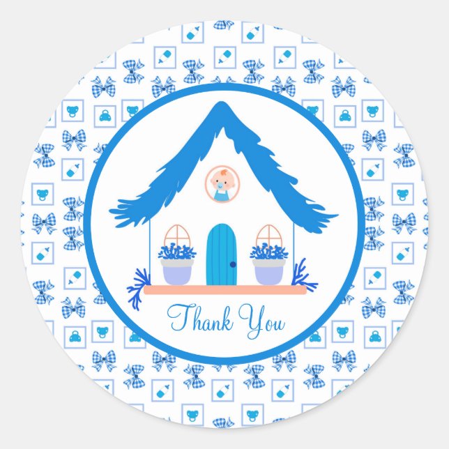 Adesivo Redondo Casa Azul Personalizada Obrigado Chá de fraldas (Frente)