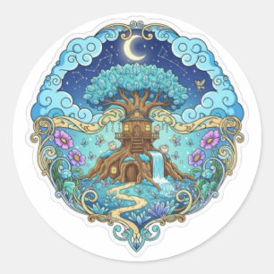 Adesivo Redondo Casa de Árvore Sob a Lua Fantasia ilustração mágic