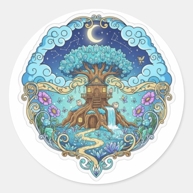 Adesivo Redondo Casa de Árvore Sob a Lua Fantasia ilustração mágic (Frente)