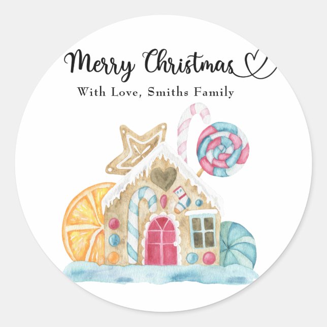 Adesivo Redondo Casa de biscoito de Natal - Feliz Natal (Frente)