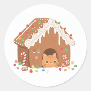 Adesivo Redondo Casa de Biscoito de Natal Gato