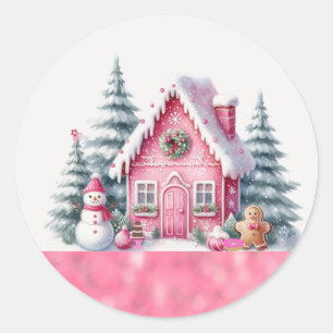 Adesivo Redondo Casa de Biscoito de Natal Rosa da Vila de Natal