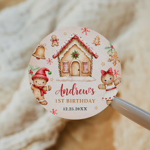 Adesivo Redondo Casa de Biscoito de Natal Vermelha Aniversário de