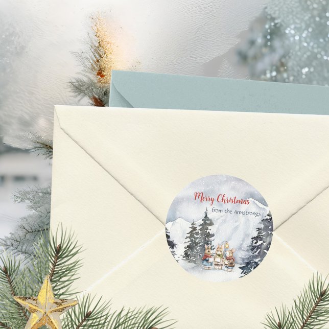 Adesivo Redondo Casa de Campo dos Carolers do Coelho em Aquarela (Watercolor Rabbit Carolers Cottagecore Classic Round Sticker ©Susanne Sachers - Sunny Mind 🌞)