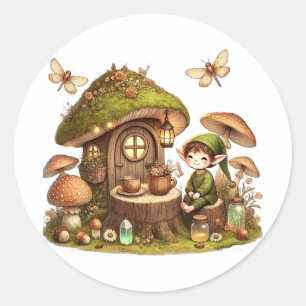 Adesivo Redondo “Casa de Cogumelo Aconchegante e Duende da Florest