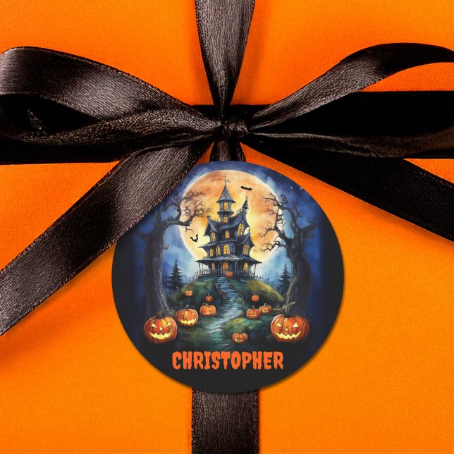 Adesivo Redondo Casa de Halloween Assombrada com Nome de Pumpkins (Criador carregado)